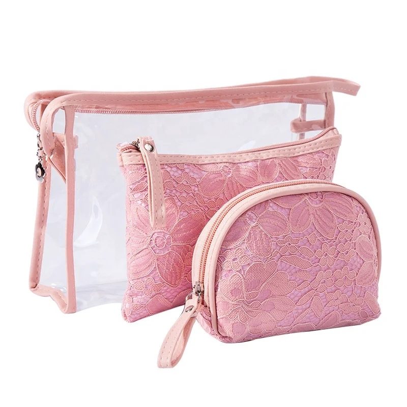 

3Pcs/set Elegant Lace Tavel Wash Storage Make Up Bag Lady Beauty Kit Custom Logo Pvc Clear Mother Cosmetic Bag For Women, Blue, black, wine red, pink, sky blue