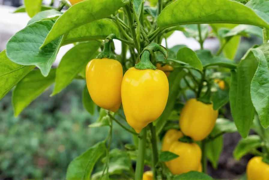 Healthy banana pepper plant growing in garden with multiple yellow peppers visible among green leaves