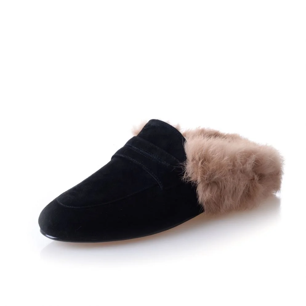 

2021 Closed Toe Mules Shoes Women Slippers Cow Fur Slippers Genuine Leather Winter Backless Loafers Ladies Low Heel Half Shoes