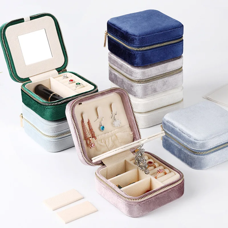 

Travel Organizer Jewelry Box Velvet Mirror Earring Box Necklace Storage Case Zipper Packaging