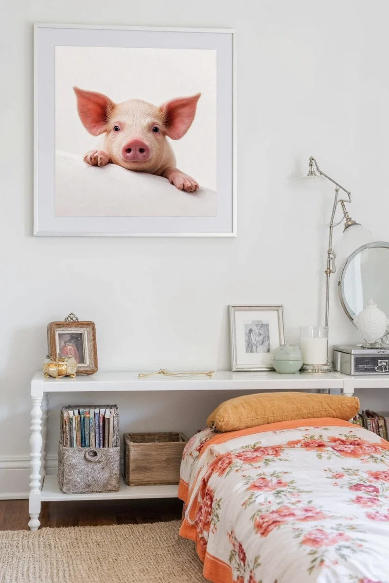A rustic framed canvas print of a cartoon pig sitting on a couch next to a real-life mini-pig lounging nearby