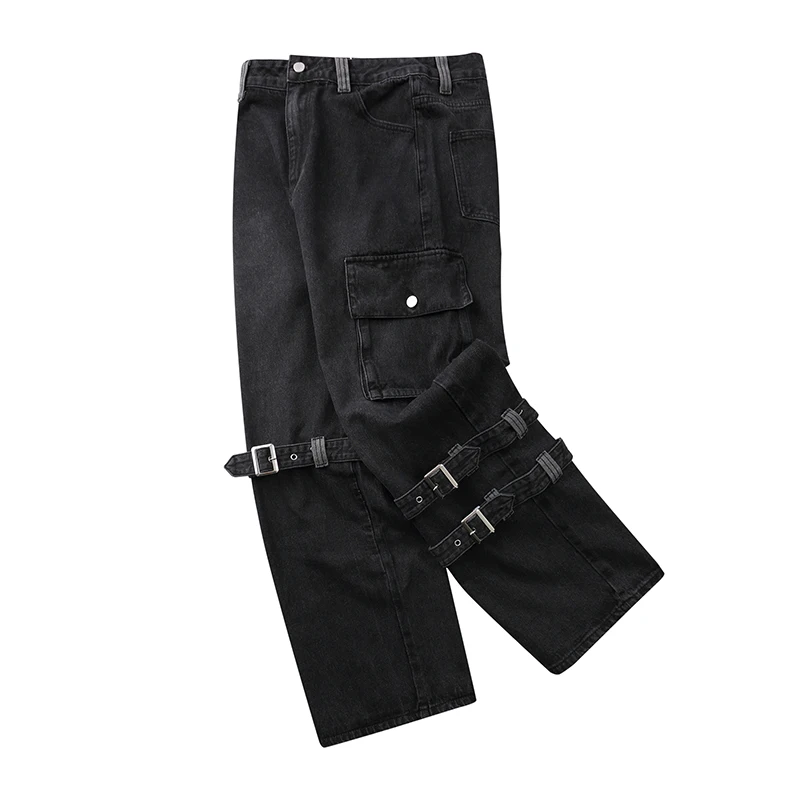 

2021 Harajuku Style Trendy Loose Drape Straight-leg Trousers Breathable Mens Casual Black Strappy Denim Pants