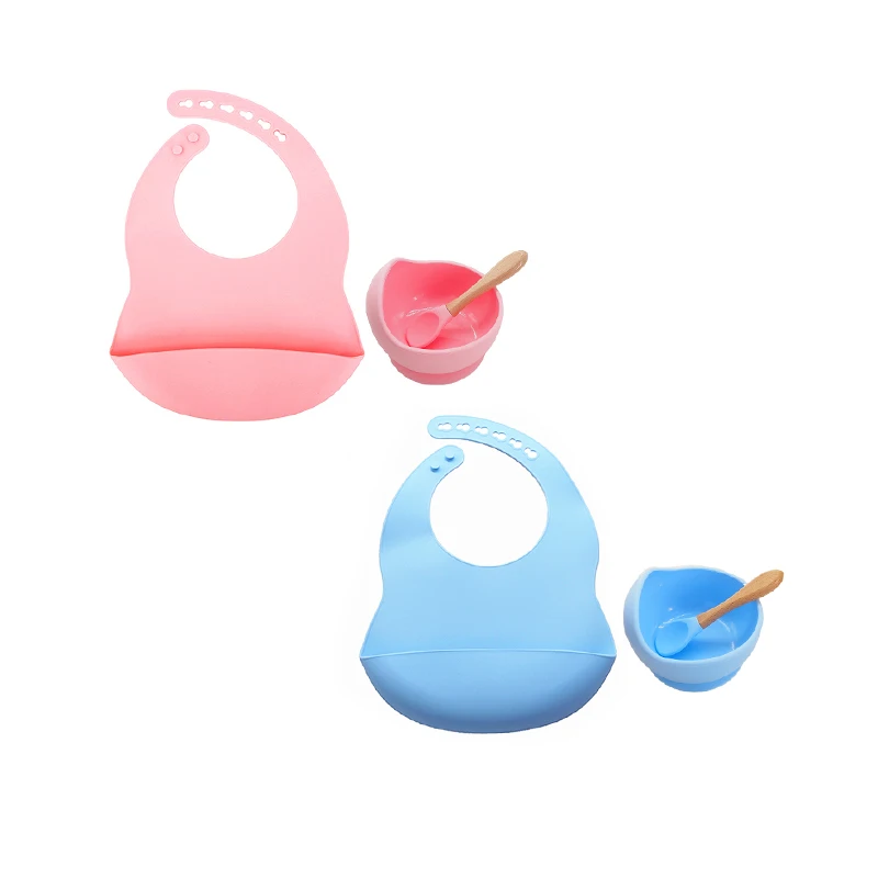 

Silicone Spoons Wooden Handle Hot Selling Baby Silicon Suction Bowl Bib Spoon