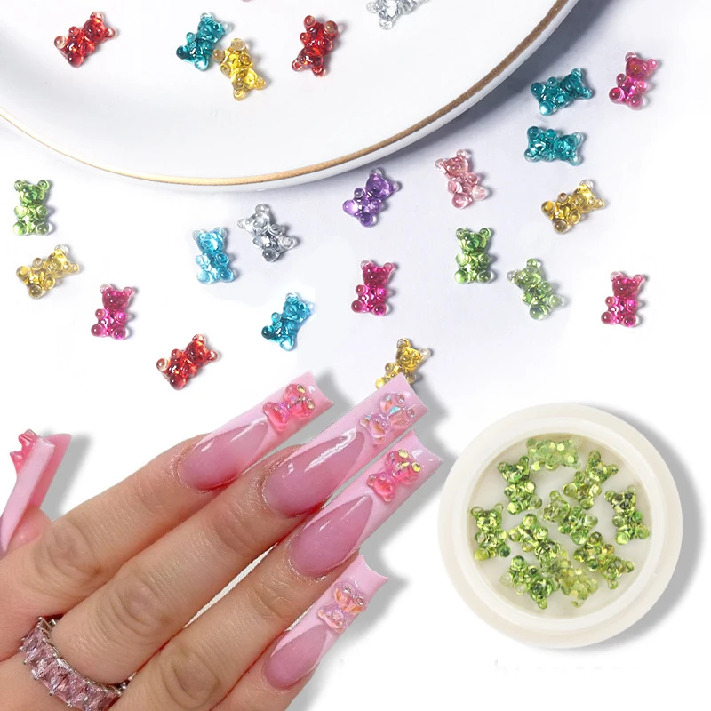 

12 Color Clear Shinny Resin Bling Cute Bear 3D Nail Art Decoration For Women Kids, Multi color