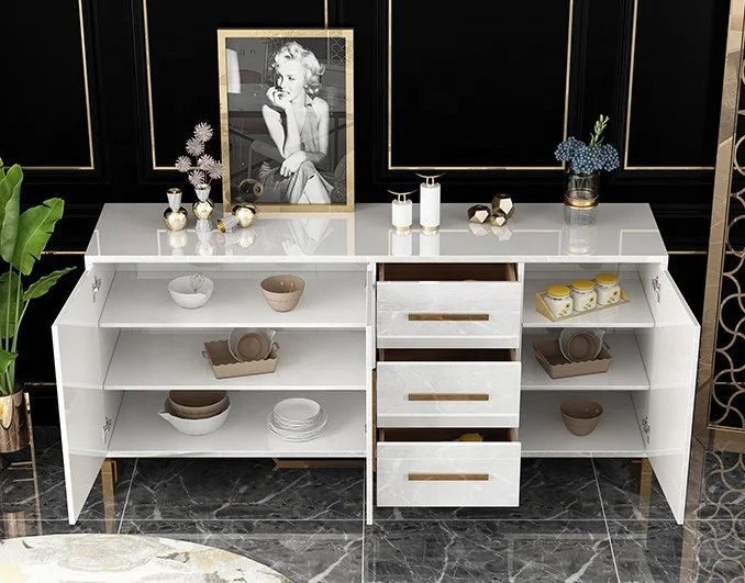 Glass Top High Gloss White Sideboard Buffet Sideboard Luxury