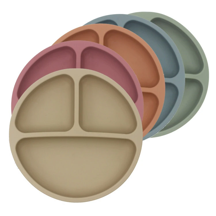 

Non Slip Food Grade Slicone Baby Feeding Round shaped Suction Plate Baby Silicone Dishes Kids Dinner Bowl with Suction Cup, Pink, blue, grey dot