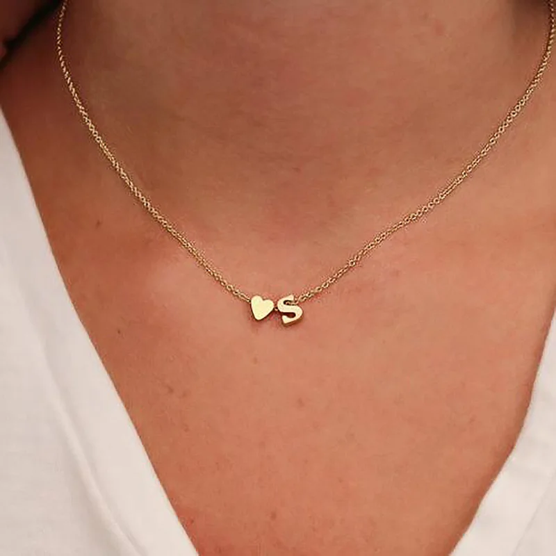 

Fashion Tiny Heart Dainty Initial cute lovely Letter Name Chain Necklace For Women Pendant Jewelry Chokers Accessories Gift, Gold long necklace