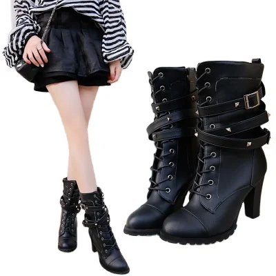 

Side zipper rivet thick heel middle boot high heel lace-up large size women's shoes factory direct sale, As shown in figure