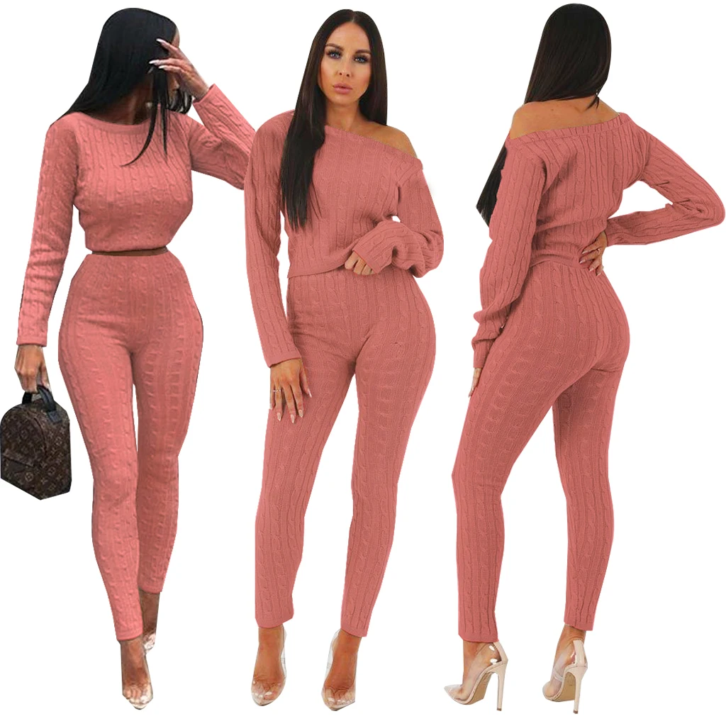 

Pure color women sweater two piece set clothingskew collar sweater, 3 colors