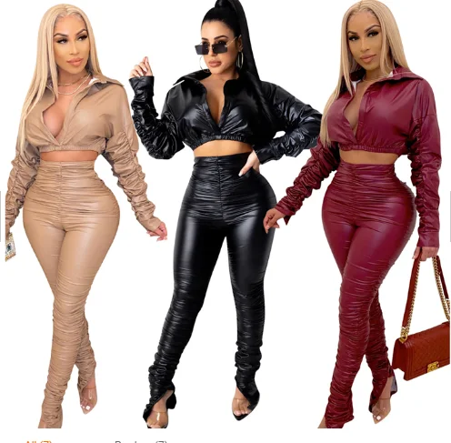

Newest Design High Quality Women Fashion Clothing 2020 Winter Ladies PU Leather 2 Piece Set Women Two Piece Set