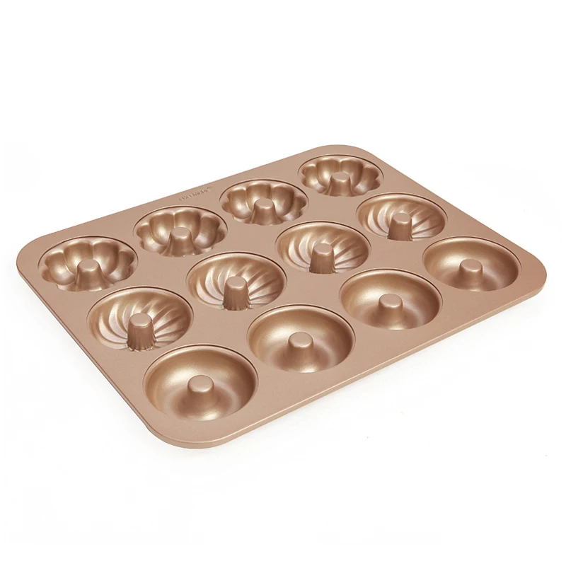 

CHEFMADE Hot-Sell 12 Cup Non Stick Pattern Doughnut Bakeware Tray Baking Dish Cake Mold Donut Pan For Oven, Champagne gold
