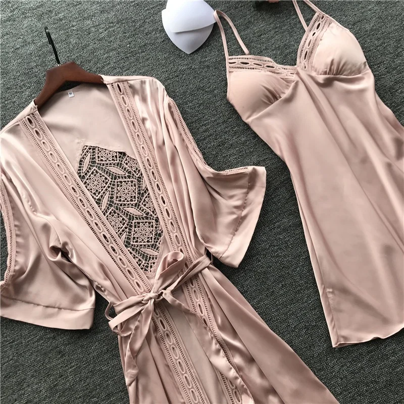 

2021 wholesale custom sling nightdress sets kimono women 2 piece pajamas pink satin robe sets