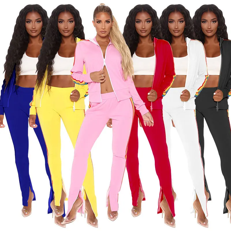 

women active wear Striped tracksuits set for women's Jacket Flare Bellbottom Pants Suit Sport Two Piece Set Fitness Outfit, At picture