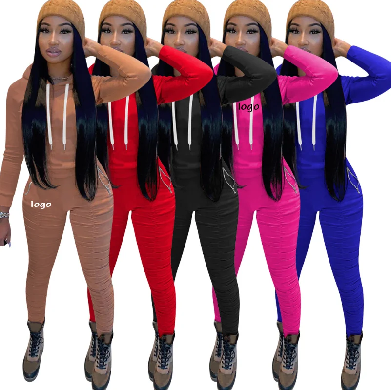 

New Design Fall Hoodie + Stacked Pants Sport Two Piece Set Clothing Strack Suit For Women, As picture