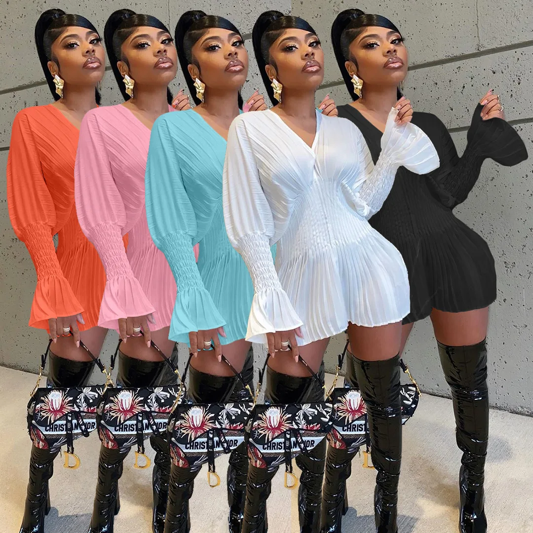 

Amazon European American women casual dress long sleeve V neck solid casual dress