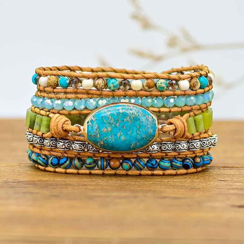 

Boho Chic Handmade Braided Multi Layer Natural Stone bead Emperor Turquoise Gemstone 5 strand Leather Wrap Bracelet