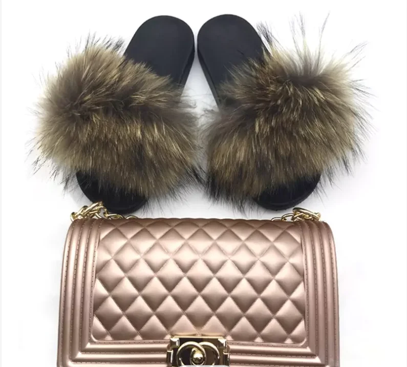 

Factory wholesale rainbow candy jelly wallet handbags and matching fur slippers, ladies fur slides and walletsfur slides and mat, Customized color