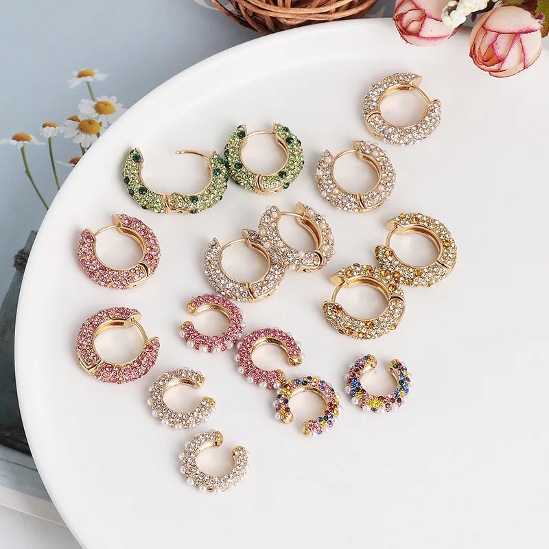 

Fashionable C - style pearl hoop earrings high - end stainless steel rhinestone earrings women jewelry