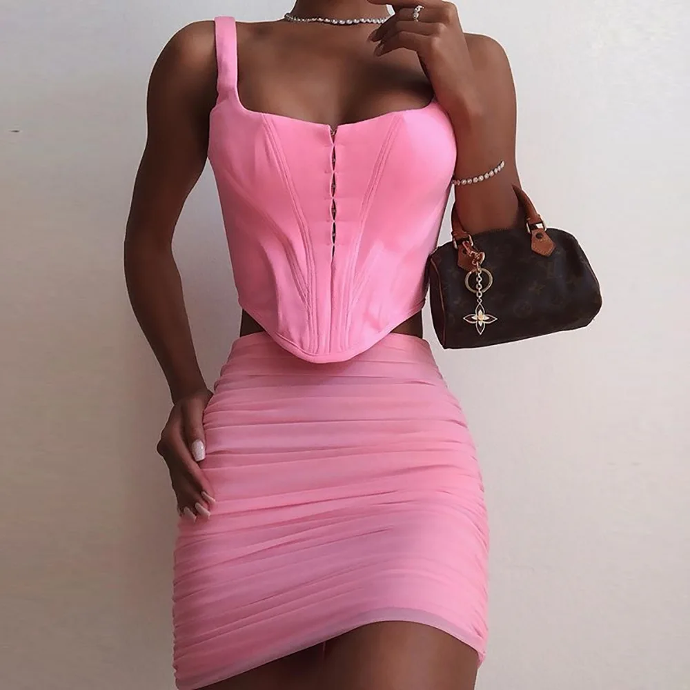 

Best Selling Solid Color Pink Slim Sexy Halter Women Vest Tank Top With Buttons, As picture