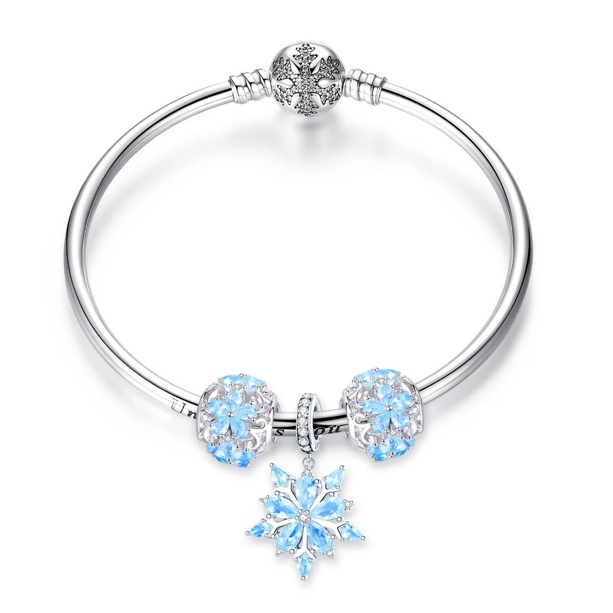 

Genuine 925 Sterling Silver Winter Snowflake Princess Bangle for Women Charm Bracelet