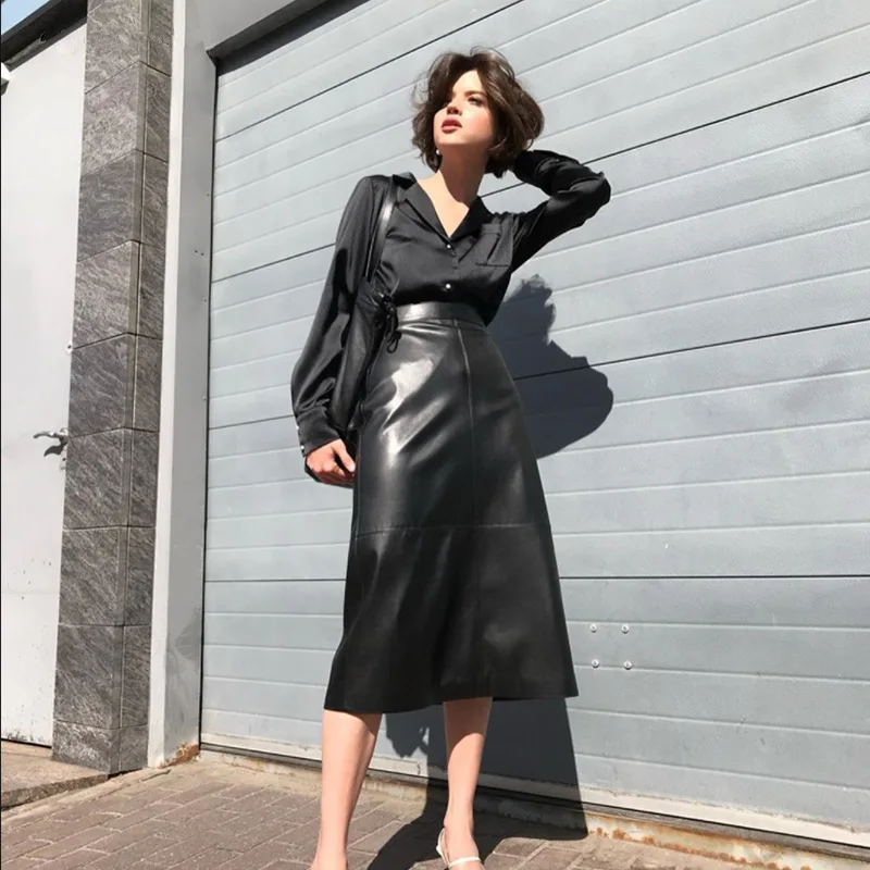 

2021 Winter And Fall Office Straight Skirt Elegant High-Waisted Long Leather Skirts For Ladies, 3 colors