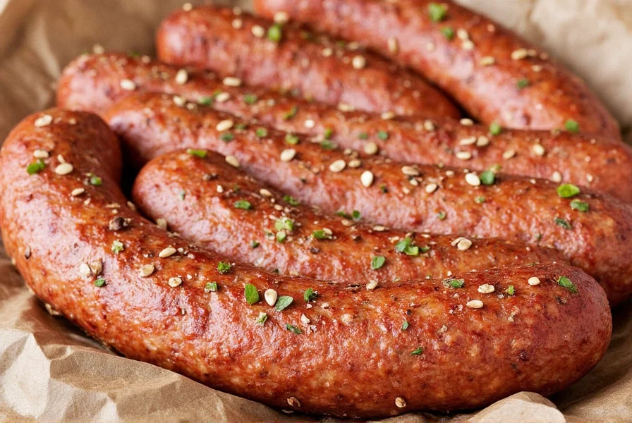 Various types of sausages hanging on hooks