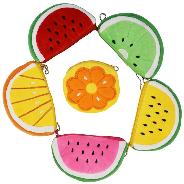 

Factory wholesale lovely children fruit wallet bag embroidered Plush pocket purse cartoon coin wallet for kids