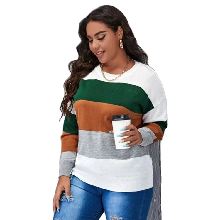 

New Style Plus Size 12GG Crew Neck Clothes Colorful Striped Sweater Woman