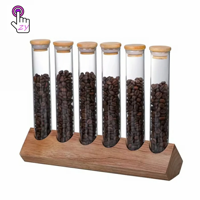Best Selling Coffee Beans Glass Storage Jar Wooden Coffee Beans Flower Tea Display Rack Stand