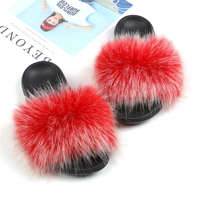 

2021 New Design Fashion Ladies Sandals Custom logo Fur Slides fashion faux fox fur slippers, As picture