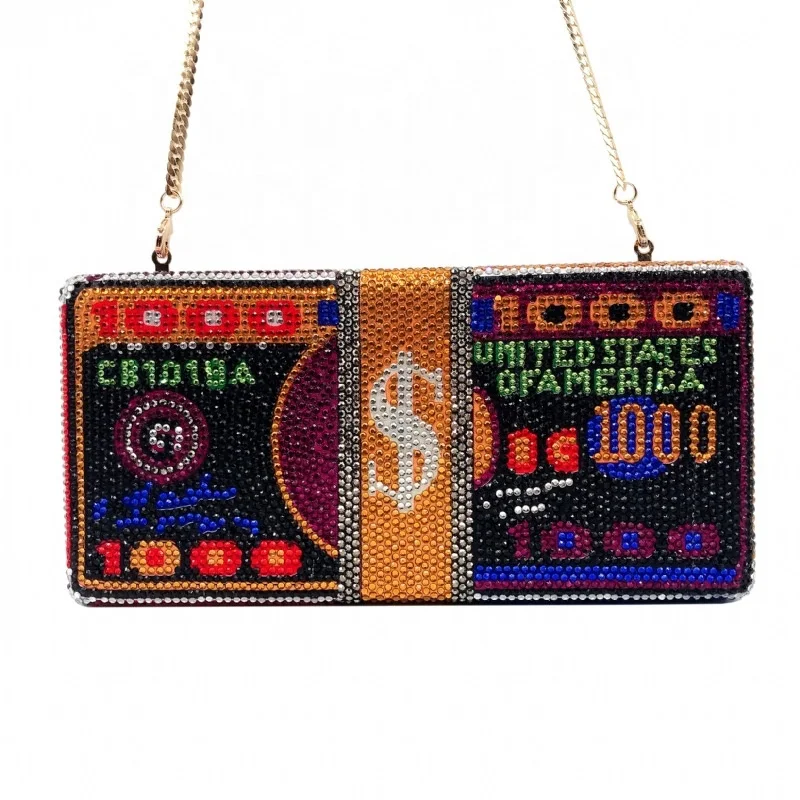 

GW Money Clutch Rhinestone Purse 10000 Dollars Stack of Cash Evening Handbags Shoulder Wedding Dinner Bag 8 Color, 5 colors