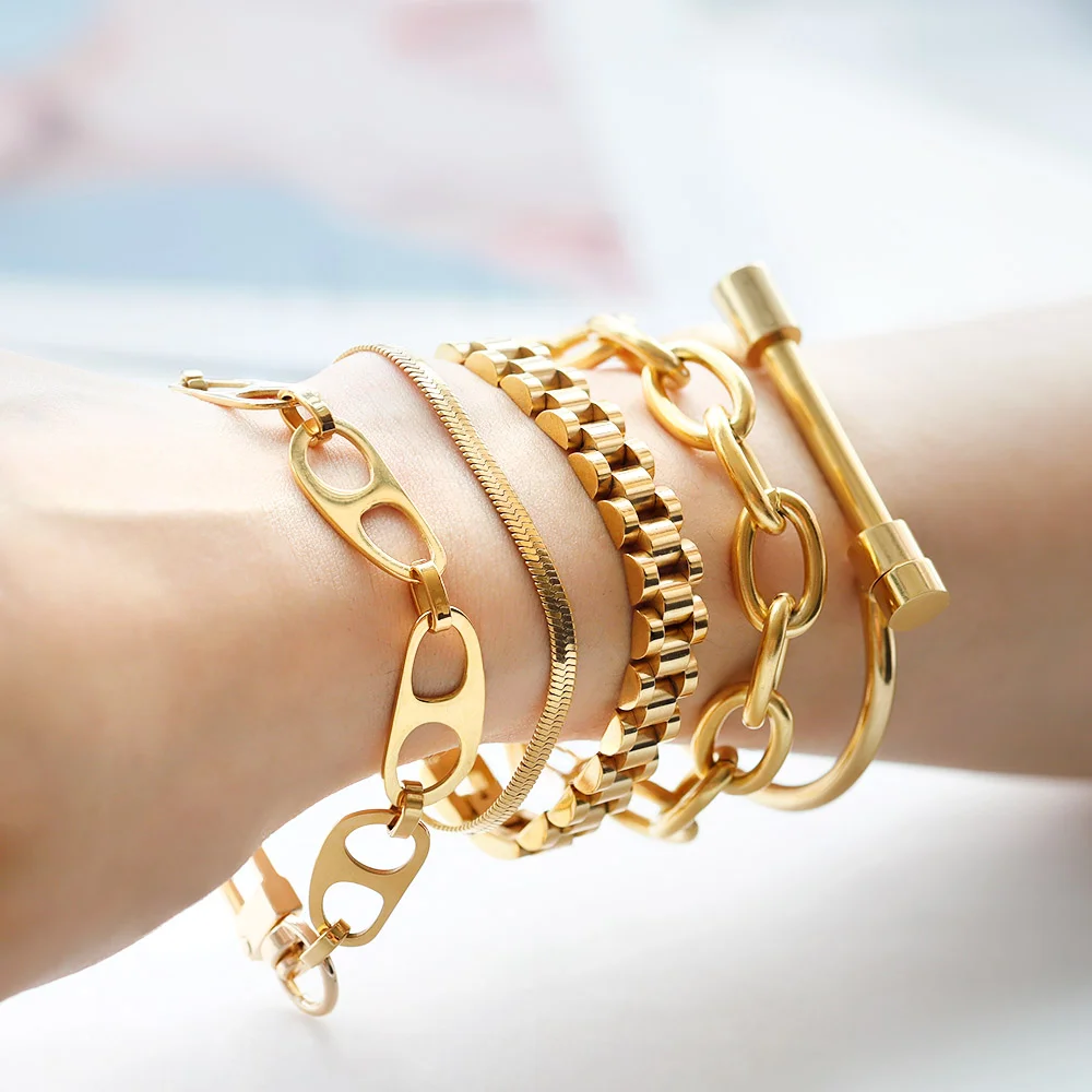

Dylam hot sales Ins style fashion cuban hip hop chain adjustable gold plated stainless steel bracelets & bangles
