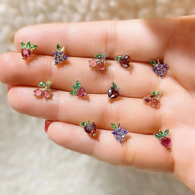 

Antiallergic S925 Silver Post Kids Earrings Dainty Colorful Zircon Grape Peach Strawberry Cherry Fruit Stud Earrings for Girls