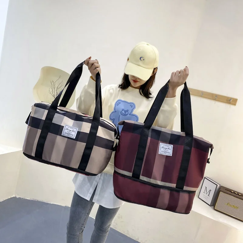 

Expandable Waterproof Plaid Duffel Women Sac Bolsa Large Dry Wet Pocket Sports Gym Duffle Tote Handbag Travel Bag