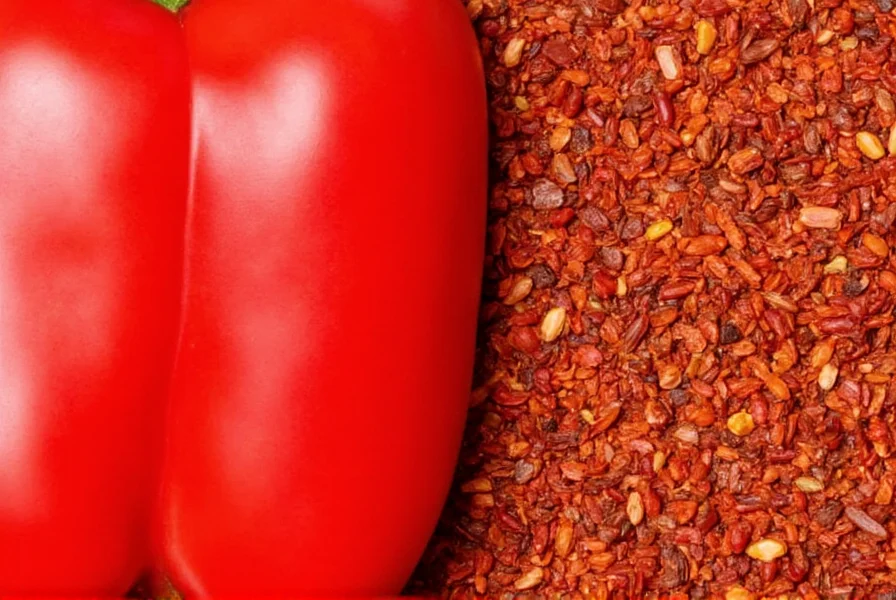 Close-up comparison of red bell pepper and red pepper flakes showing visual differences between sweet and spicy varieties