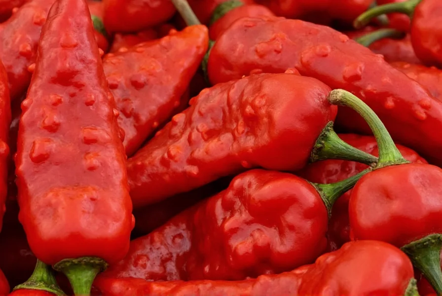 Close-up view of Carolina Reaper peppers showing characteristic red color and bumpy texture with stinger tail