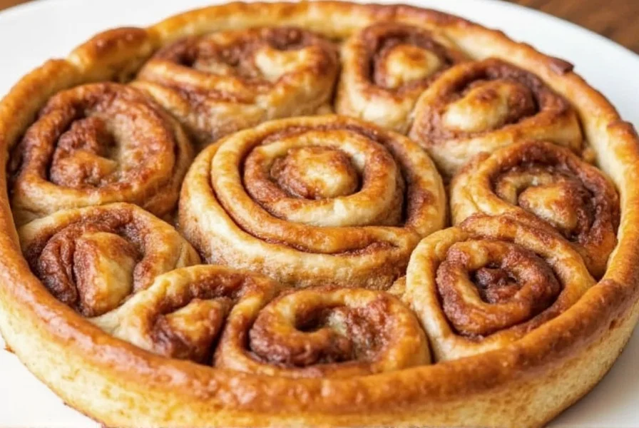 Finished cinnamon roll apple pie with golden brown topping and bubbling apple filling served in square baking dish