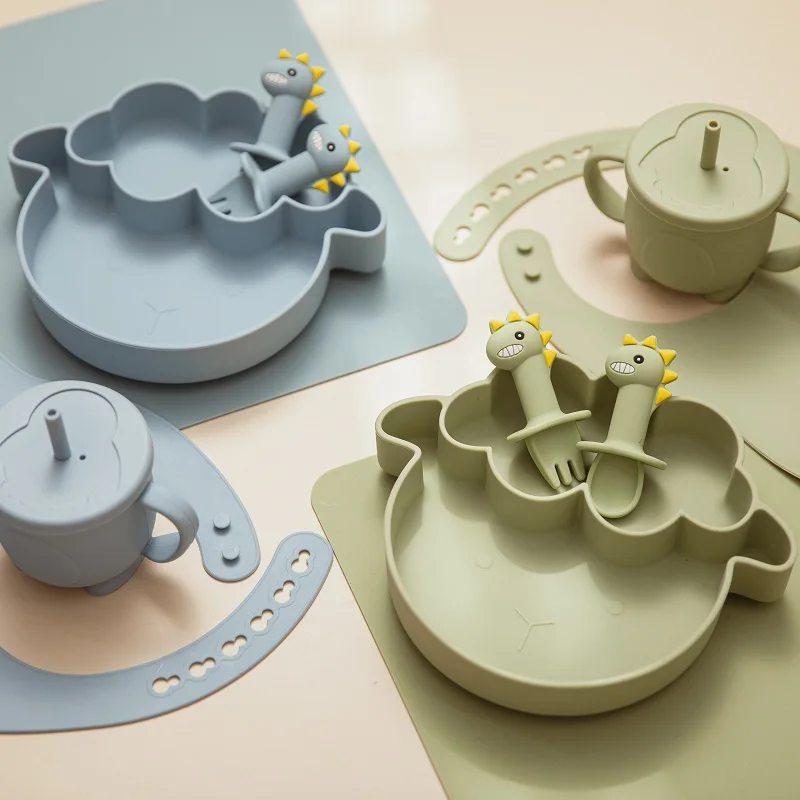 

Overall selling silicone dinosaur sheep six-piece baby bib plate spoon straw cup table mat set, Two styles