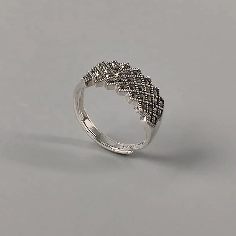 

Custom silver jewelry 925 silver rings women gold plated Marcasite Serrated reticular resizable gift silver ring, White gold (rose gold, yellow are avaliable)