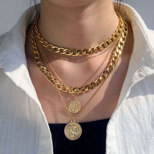 

Vintage Multi Layers Punk Thick Cuban Link Chains Choker Necklace Portrait Coin Pendant Necklaces for Women