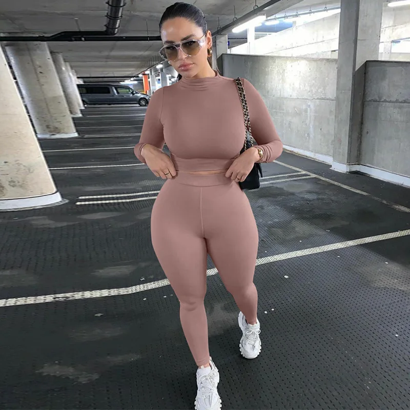 

2020 Winter Women Sport Fitness 2 Two Piece Set Outfits Long Sleeve Crop Tops Tshirt Leggings Pants Set Bodycon Tracksuit, Multi, as pircture