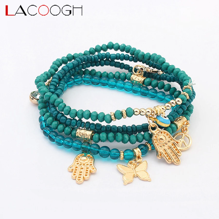 

Diy stack beads bracelets with hamsa hand butterfly charms mix layers wooden glass crystal beads stack bracelets for her gifts, Black;white;red;green