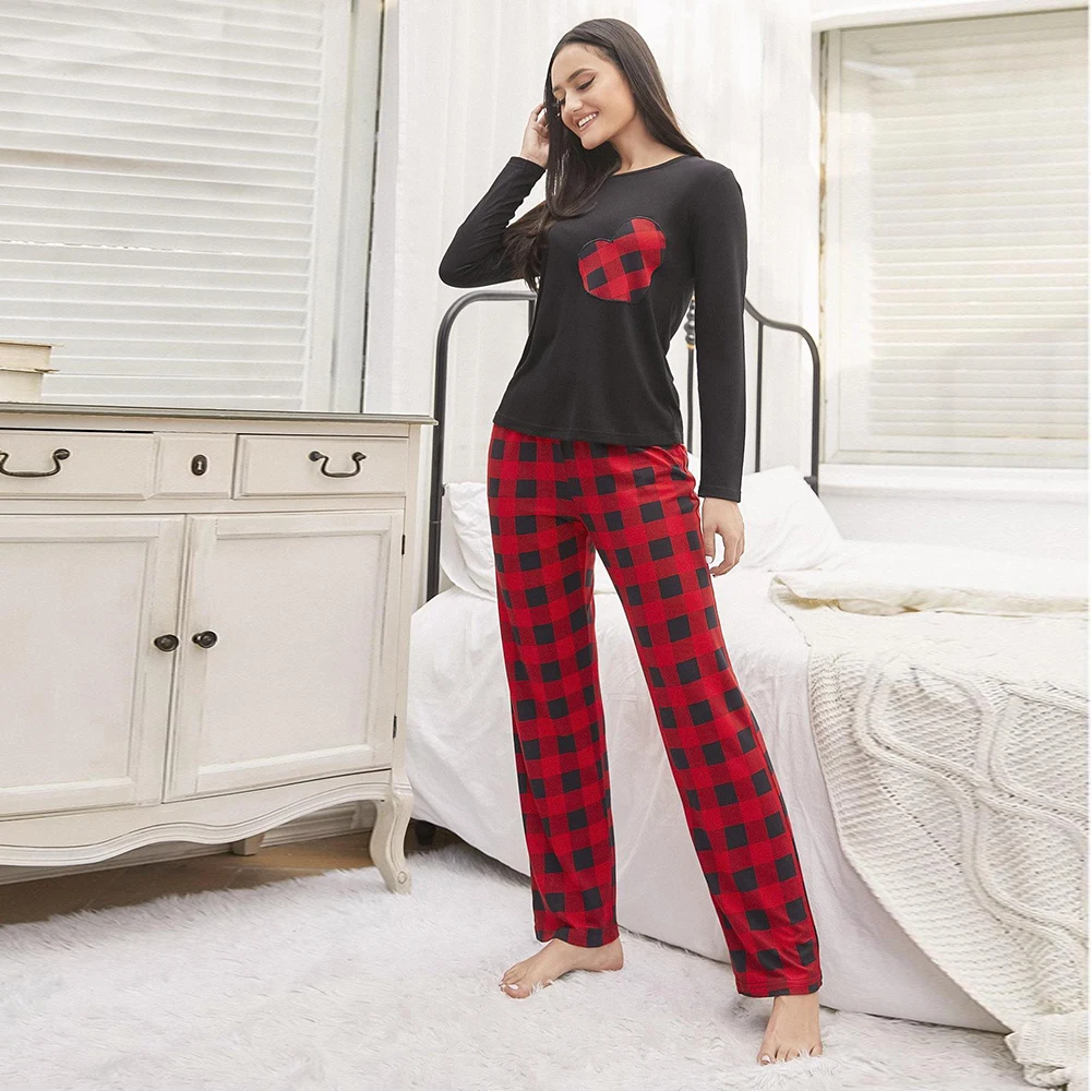 

Christmas new year holiday hot selling boutique pyjama set red plaid sublimation long-sleeved jersey woman pajamas sleepwear, Black and red plaid