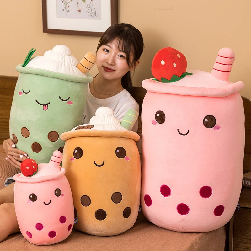

Cute Boba Milk Tea Plush Toy Soft Stuffed Pink Strawberry Taste Milk Tea Hug Pillow