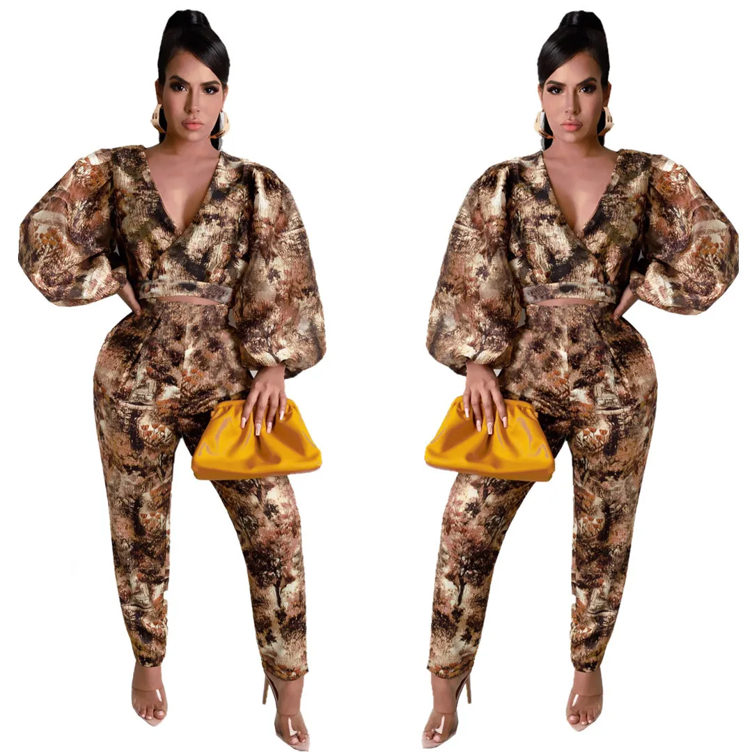 

Casual Puff Sleeve Printed V Neck Outfit Woman, Customized color