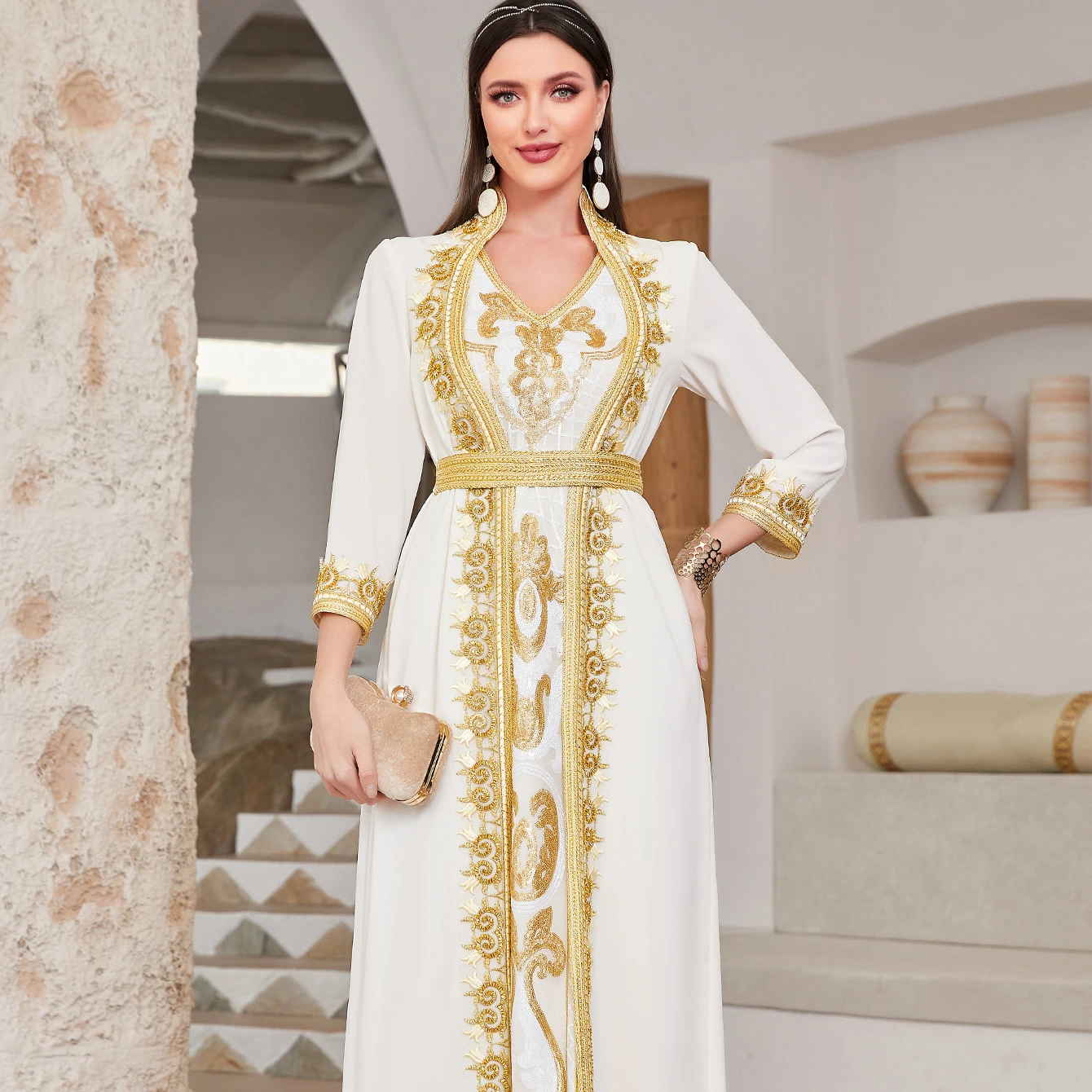 Wholesale Femmes Abayas From Dubai Trade Muslim Abayas Middle East Arab Abaya Women's V-Neck Long-Sleeved Luxury Dress