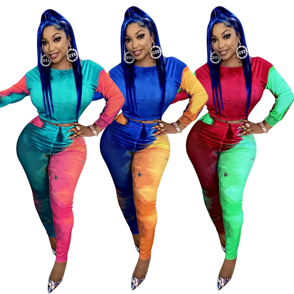

Spring 2021 fashion leisure personality tie-dye printing 2 piece set women, As shown in figure