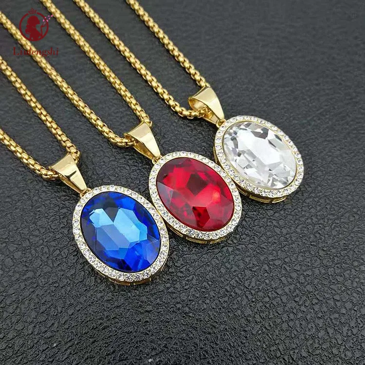 

European Hotselling Hips Hops Jewelry Colorful Gem Pendant Necklace Stainless Steel Inlay Oval Cubic Zircon CZ Pendant Necklace