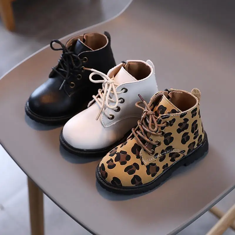 

Girls boys autumn winter Classic Martin boots Toddler leopard boots 2021 new children's PU Leather Lace up boots, As the picture shows