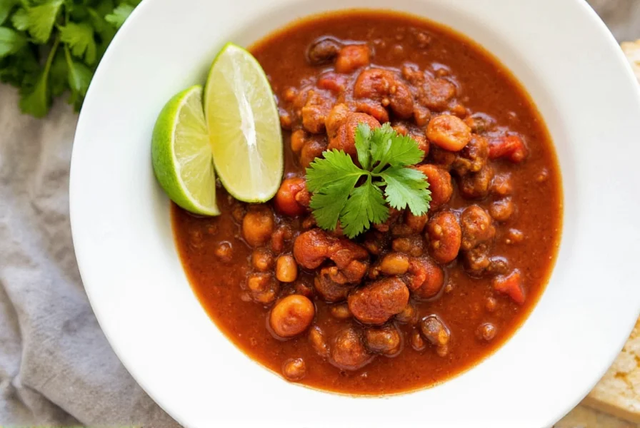 Award winning slow cooker chili recipe served in white bowl with fresh cilantro garnish and lime wedge